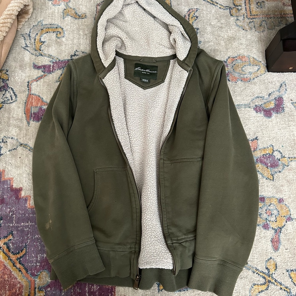 eddie bauer vintage army green sherpa lined zip up coat